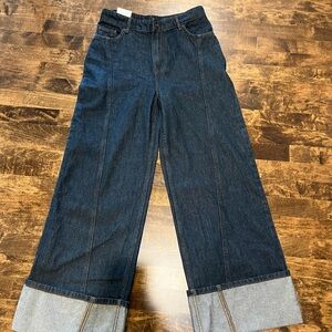 Zara Dark Blue Wide-Leg Jeans with Cuffed Hem